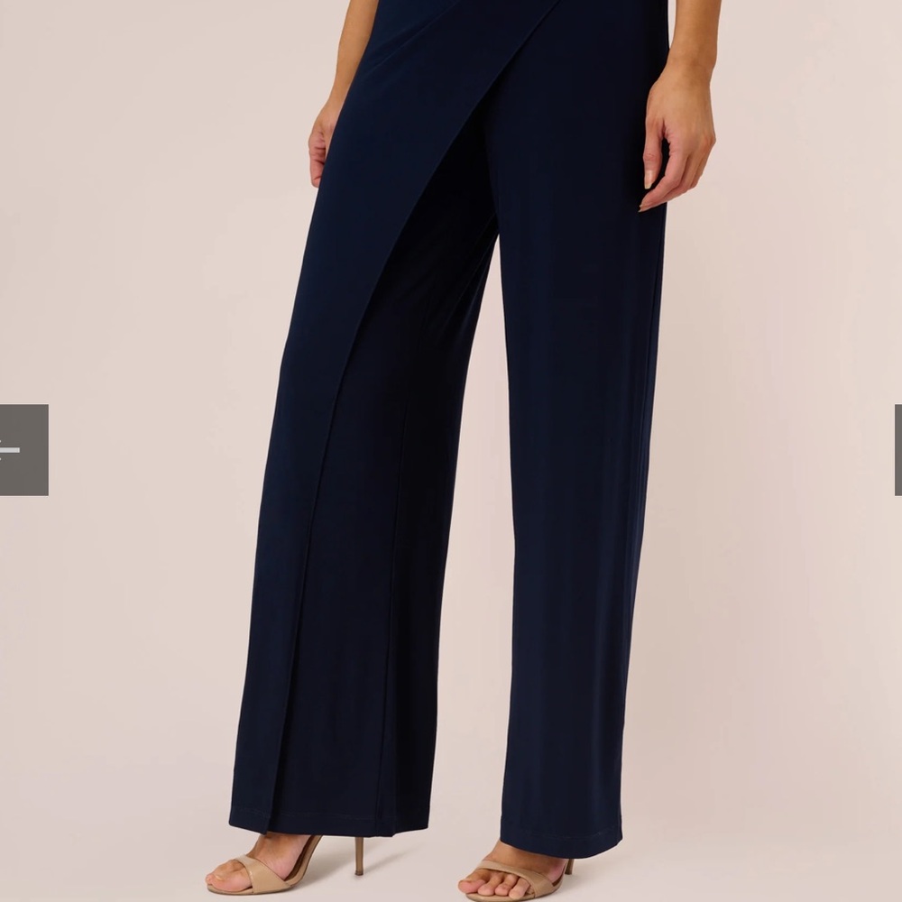 ADRIANNA PAPELL Beaded One-Shoulder Matte Jersey Jumpsuit In Midnight Size 16 - Picture 2 of 12